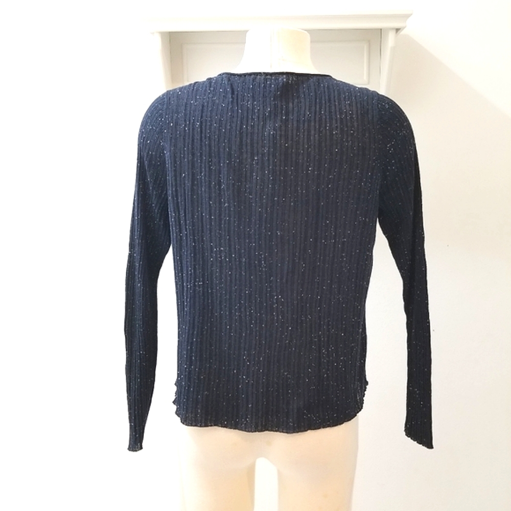 Eileen Fisher Navy with White Flecks Long Sleeve Ribbed Crewneck Pullover Top PL - Picture 5 of 11